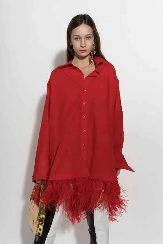 RED FEATHER HEM SHIRT DRESS Relaxed Shirt Dress