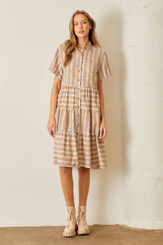 Striped Tiered Shirt Dress Camel Flared Shirt Dress