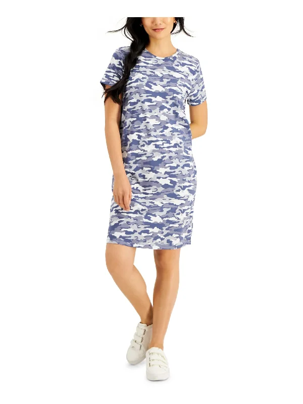 STYLE & COMPANY Womens Blue Camouflage Crew Neck Above The Knee Shirt Dress Cotton Shirt Dress