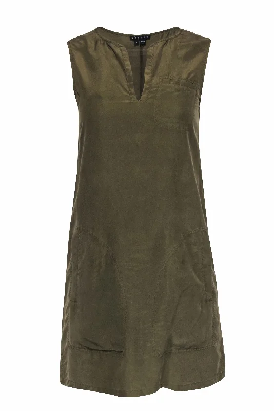 Theory - Olive Silk Shift Shirtdress w/ Pockets Sz 0 Ruffled Shirt Dress