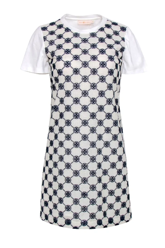 Tory Burch - White & Navy Logo Lace T-Shirt Dress Sz S Belted Button Dress