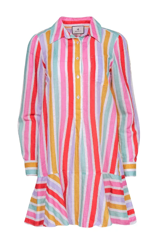 Tuckernuck - Red, Pink, Green, & Yellow Stripe Linen Blend Shirtdress w/ Flutter Hem Sz S Printed Button Shirt