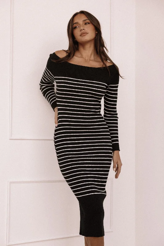 Baxtor Off The Shoulder Midi Dress - White/Black Midi Skirt Outfit