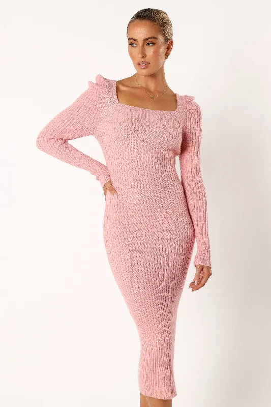 Camryn Puff Sleeve Knit Sweater Midi Dress - Blush Casual Midi Look