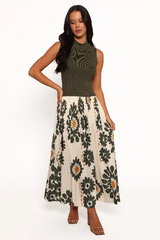 June Midi Dress - Cream/Olive Stylish Midi Skirt