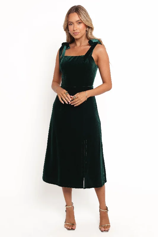 Laurel Velvet Midi Dress - Emerald Green Floral A-line Skirt