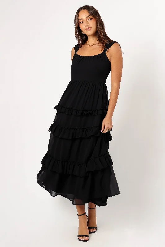 Marli Ruffle Midi Dress - Black Midi Skirt with Pockets