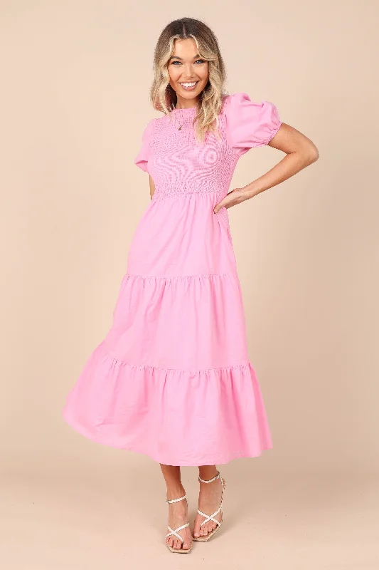 Naura Shirred Tiered Midi Dress - Pink Bodycon Midi Skirt