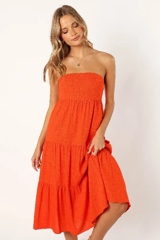 Tabi Strapless Midi Dress - Coral Red Everyday Midi Skirt