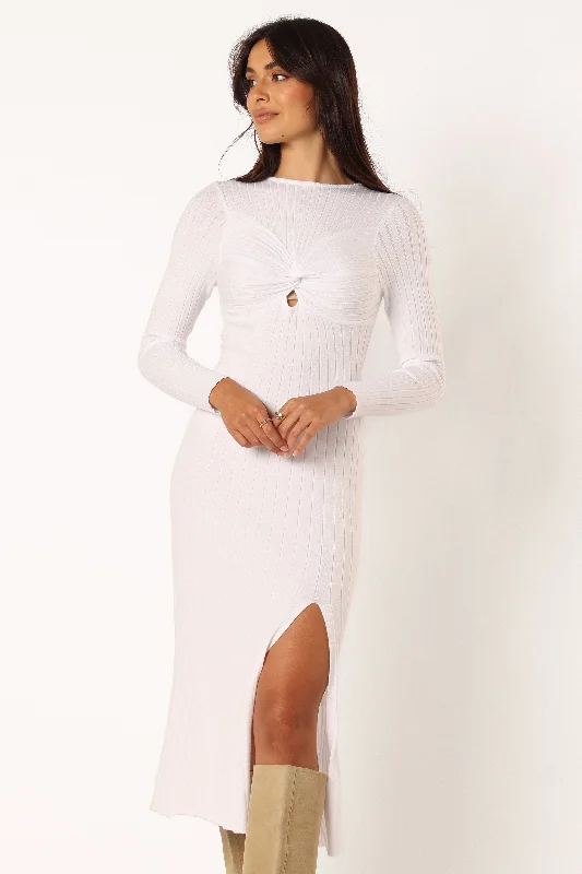 Zayla Long Sleeve Midi Dress - Cream Soft Pleated Midi